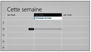 L’anniversaire est affiché dans le calendrier, dans l’en-tête de la journée en mode Semaine