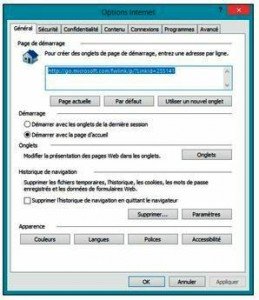 Le panneau des options d’Internet Explorer