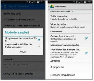 Configurer la synchronisation automatique avec le nuage Internet (dans Dropbox à gauche et Google Drive à droite)