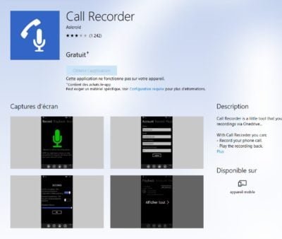 Appli Call Recorder pour Windows phone
