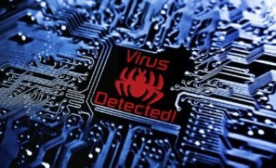 image représentant un ordinateur avec l'inscription Virus detected