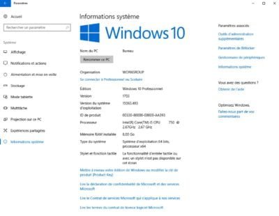 Information système Windows 10