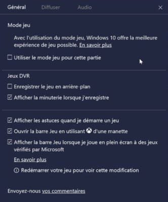 Activation de certains paramètres pour le mode jeu sous Windows 10