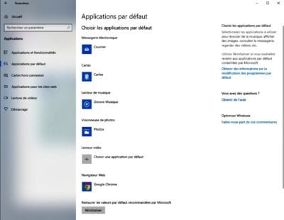 Applications par défaut Windows 10