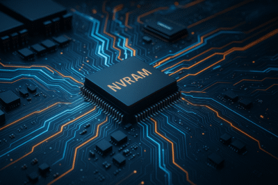 Concept d'une carte mère futuriste sans pile CMOS, avec des circuits lumineux et des puces de mémoire NVRAM intégrées.