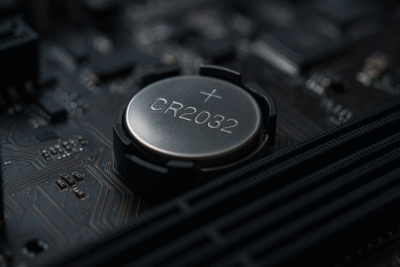 Pile bouton CR2032 insérée dans une carte mère, située près des ports PCIe et des barrettes de RAM.