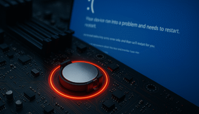 Image conceptuelle d'une pile CMOS sur une carte mère, mise en évidence par une alerte rouge pour symboliser une erreur système critique sur un PC.