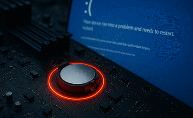 Image conceptuelle d'une pile CMOS sur une carte mère, mise en évidence par une alerte rouge pour symboliser une erreur système critique sur un PC.