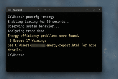Commande powercfg -energy dans le Terminal Windows pour rapport d’énergie