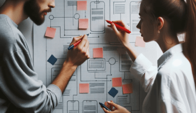 Photo de deux personnes, l'une de genre masculin à la peau foncée et l'autre de genre féminin à la peau claire, collaborant sur un wireframe papier épinglé au mur, avec des marqueurs colorés à la main, discutant des détails.