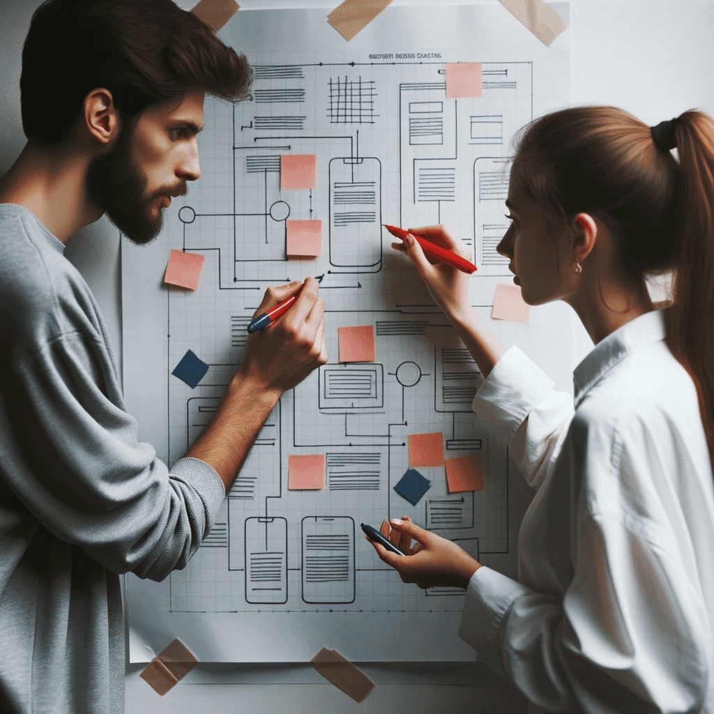 Photo de deux personnes, l'une de genre masculin à la peau foncée et l'autre de genre féminin à la peau claire, collaborant sur un wireframe papier épinglé au mur, avec des marqueurs colorés à la main, discutant des détails.