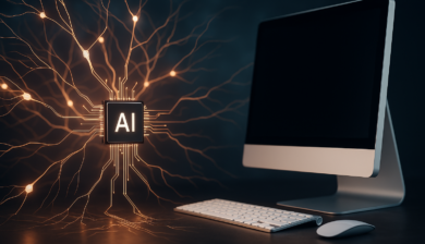 Illustration d'un réseau neuronal lumineux connecté à un processeur, symbolisant l'intelligence artificielle dans les PC intelligents