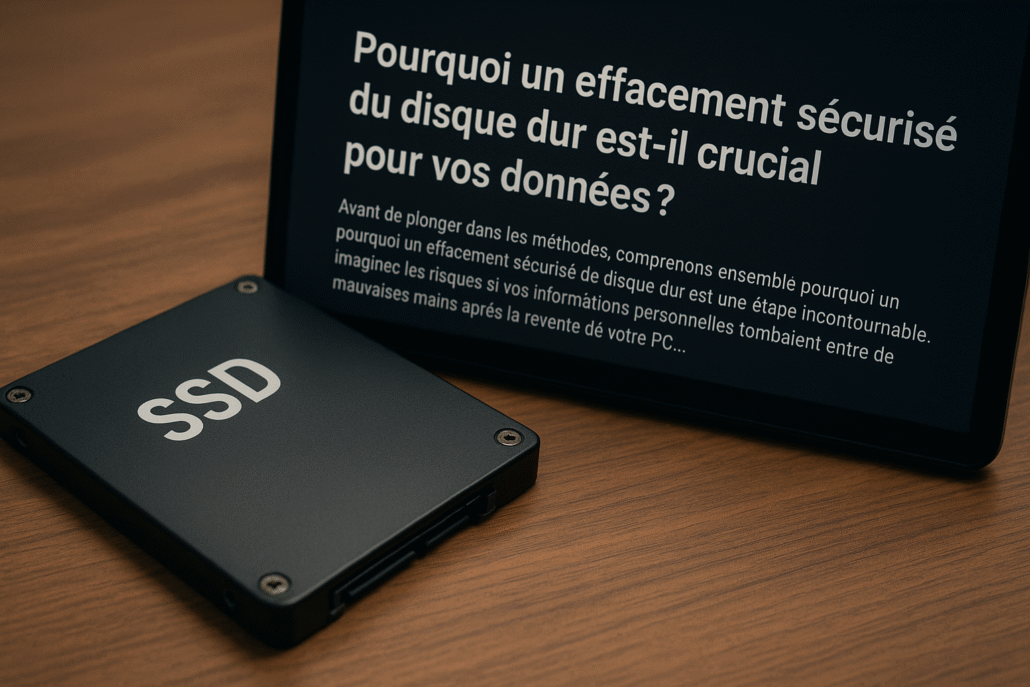 Image montrant un SSD noir posé sur une surface en bois, avec en arrière-plan un écran affichant un texte en français sur l'importance de l'effacement sécurisé des disques durs.