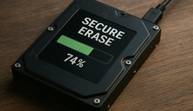 Effacement sécurisé d’un disque dur interne HDD avec barre de progression à 74 %, illustrant une opération de suppression de données conforme aux normes de sécurité informatique.