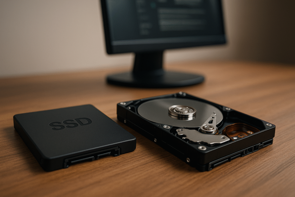 Disque SSD externe et disque dur HDD ouvert posés sur un bureau en bois, illustrant les étapes préalables à un effacement sécurisé des données.