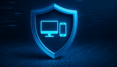 Illustration réaliste d’un bouclier lumineux bleu protégeant des icônes de PC et de smartphone, sur fond de circuit imprimé et lignes de données.