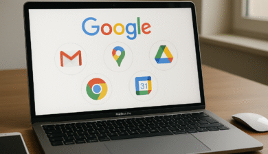 Ordinateur portable affichant l'écosystème Google avec les applications Gmail, Google Maps, Google Drive, Google Chrome et Google Calendar.