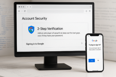 Écran d’ordinateur affichant les paramètres de sécurité du compte Google avec la vérification en deux étapes, accompagné d’un smartphone montrant une notification de connexion