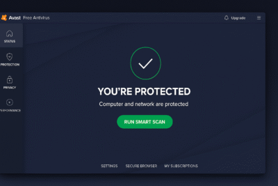 Capture d'écran de l'interface principale d'Avast Free Antivirus indiquant que l'ordinateur est protégé