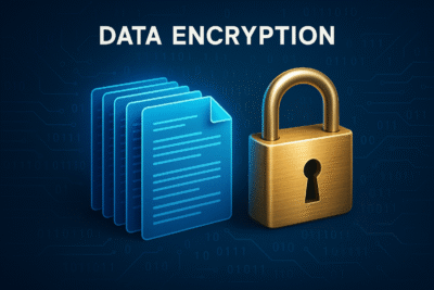 Illustration numérique hyper réaliste représentant des documents numériques sécurisés par un cadenas doré, symbolisant le chiffrement des données.