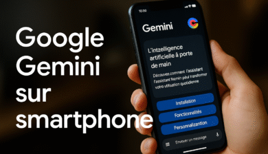 Une main tient un smartphone affichant l’interface de Google Gemini. L’écran propose les options 