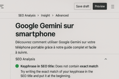 Capture d'écran de l'interface WordPress affichant une analyse SEO Yoast d'un article intitulé « Google Gemini sur smartphone », avec une alerte sur l'expression clé manquante dans le titre.