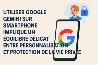 Illustration montrant un smartphone affichant le logo Google Gemini, accompagné du texte en français “Utiliser Google Gemini sur iOS malgré les limitations système”, sur fond clair.